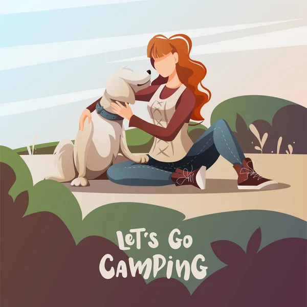 Mujer Con Perro Recuperador Sentada Naturaleza Camping Verano Viajar Viaje — Vector de stock