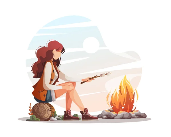 Woman Sitting Campfire Roasting Marshmallows Summertime Camping Traveling Trip Hiking Stok Ilustrasi Bebas Royalti