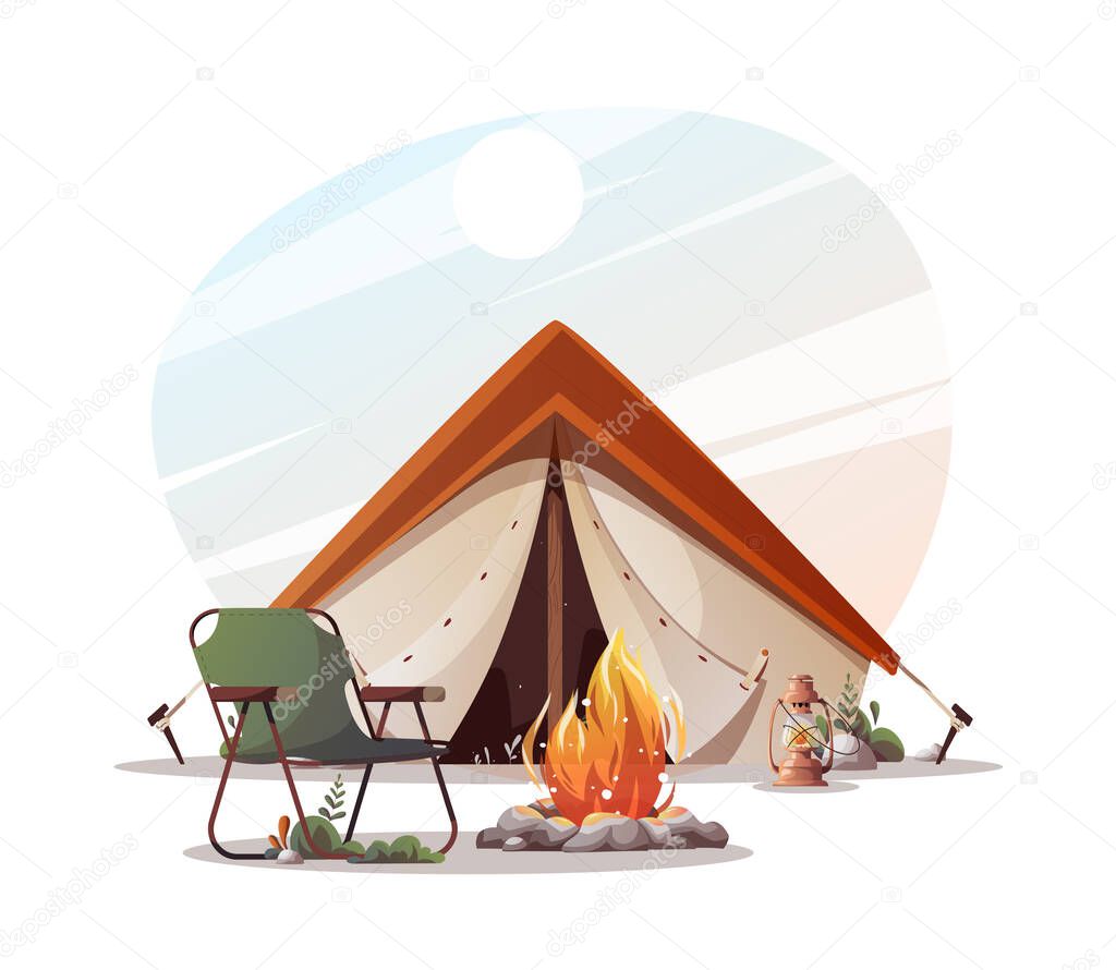 Campsite with tent, campfire, tourist chair, kerosene lamp. Camping, traveling, trip, hiking, camper, nature, journey concept. Isolated vector illustration for poster, banner, cover, card.