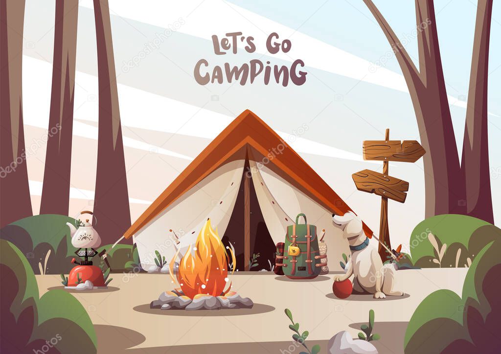 Campsite with tent, campfire, tourist chair, kerosene lamp. Camping, traveling, trip, hiking, camper, nature, journey concept. Isolated vector illustration for poster, banner, cover, card.