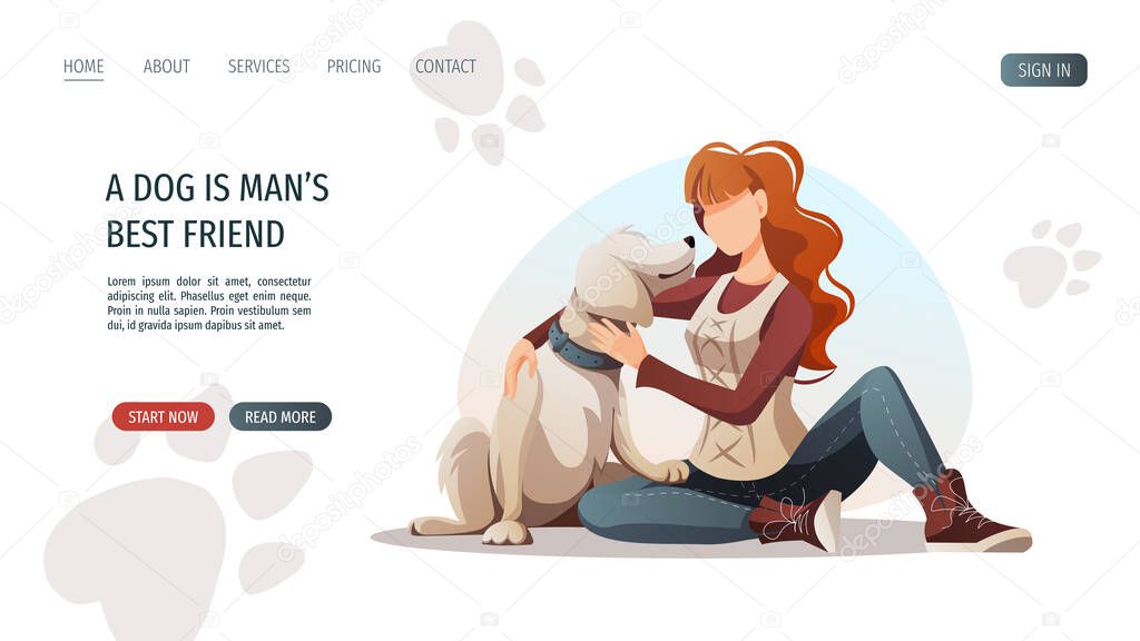 Woman sitting with retriever dog. Pet, dog walk concept. Vector illustration for poster, banner, website.