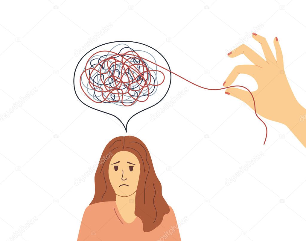 Psychotherapy counseling concept. Psychologist's hands untangle the woman's stress knot. Mental therapy illustration. Treating depression with psychiatrist. Vector
