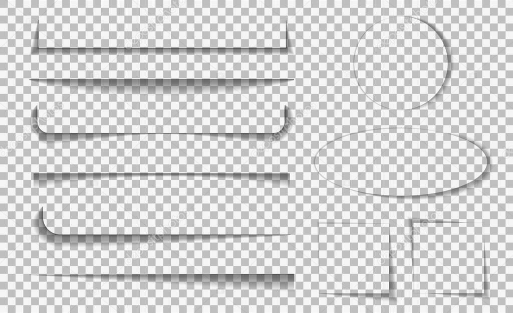 Page line divider. Shadow lines border for design web page or paper sheet on transparent background. Set of realistic bar of shade. vector