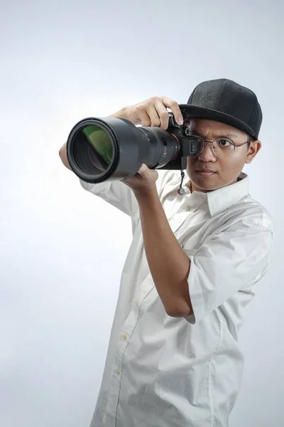 Photographer Looks Viewfinder While Shooting Professional Camera Isolated White Background — Photo