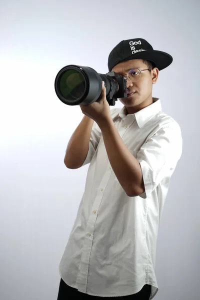 Photographer Looks Viewfinder While Shooting Professional Camera Isolated White Background — Photo