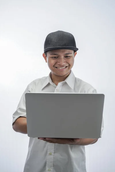 Portrait Cheerful Teenager Holding Laptop Computer Isolated White — Stok fotoğraf