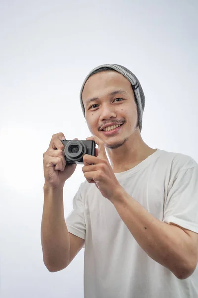 Photographer Smiling Holding Professional Camera Isolated White Background — Photo