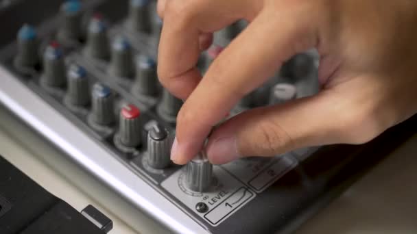 Young Man Hand Setting Audio Mixing Console Audio Mixer Controller — Stock Video