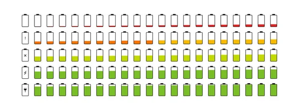 Ensemble Accumulateur Batterie 100 Icônes Style Plat Niveau Batterie Signe — Image vectorielle