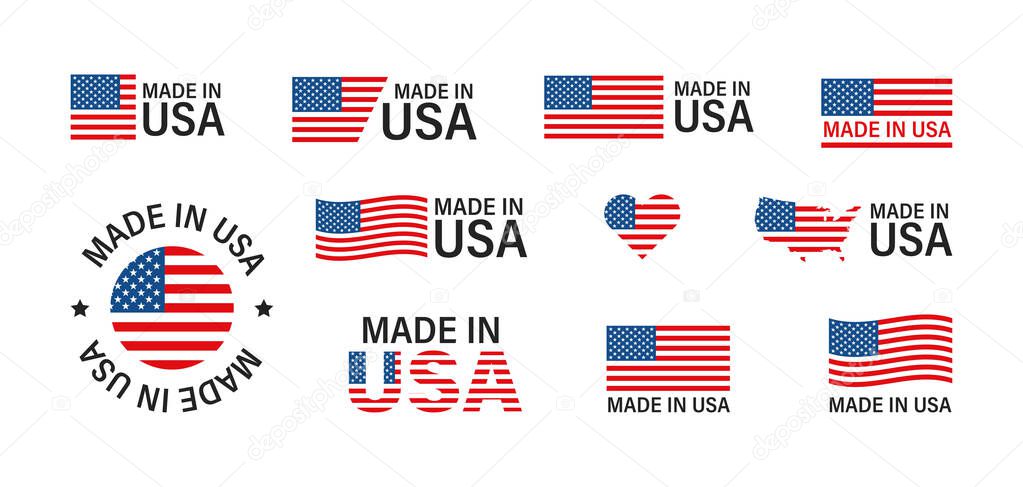 Made in the USA. Flag America set isolated icon in flat style. American production vector illustration.