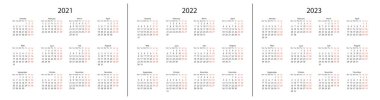 Calendar for 2021 2022 and 2023 year. Months and weeks, vector template illustration