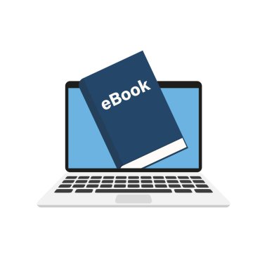 Bilgisayarda ebook. İnternetteki kütüphane. İzole edilmiş düz vektör çizimi
