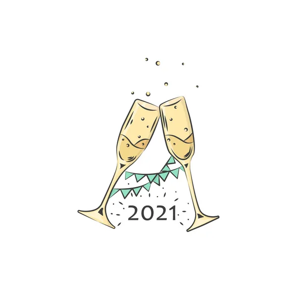 Heppy New Year Party Banner Design 2021 Wineglass Champagne Hand — Διανυσματικό Αρχείο