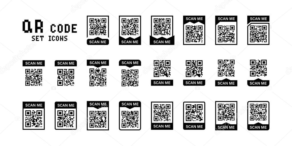 QR code, scan me set icons for mobile device design. Vector isolated black sign