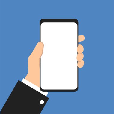 Akıllı telefon boş beyaz ekran elinde. Vektör izole düz illüstrasyon aygıtı