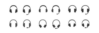 Kulaklıklar siyah izole edilmiş simgeyi ayarlıyor. Kulaklık vektör çizimi