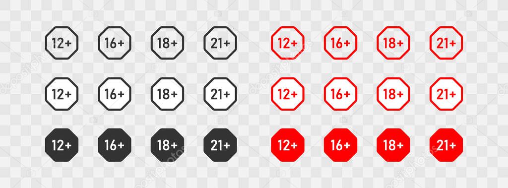 Age limit. Big set icons 12, 16, 18 and 21 plus. Black andred button. Vector illustration isolated