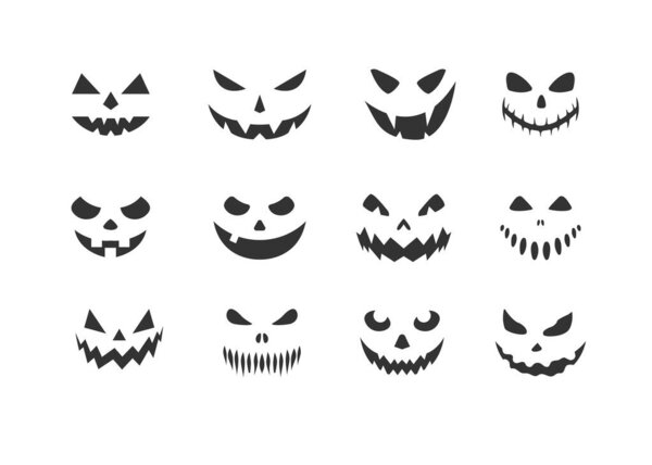 Pumpkin face silhouettes icon set. Vector Halloween flat
