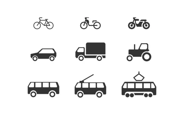 Разнообразный Транспорт Ставит Черную Икону Автобусный Велосипед Мотоцикл Векторная Иллюстрация — стоковый вектор