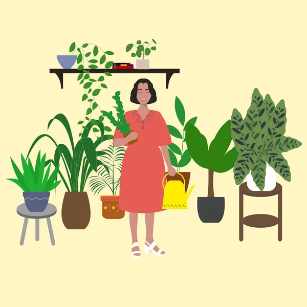 Linda Chica Está Pie Invernadero Entre Las Plantas Vida Cotidiana — Archivo Imágenes Vectoriales