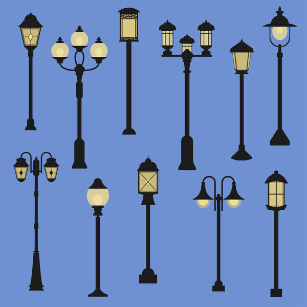 Set of tall lanterns. Vintage street lamps, classical outdoor design elements for lighting. Electric lamp post isolated collection. Set of architectural elements for street.
