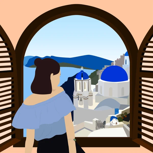 Joven Está Mirando Por Ventana Mar Pueblo Ventana Con Vista — Vector de stock