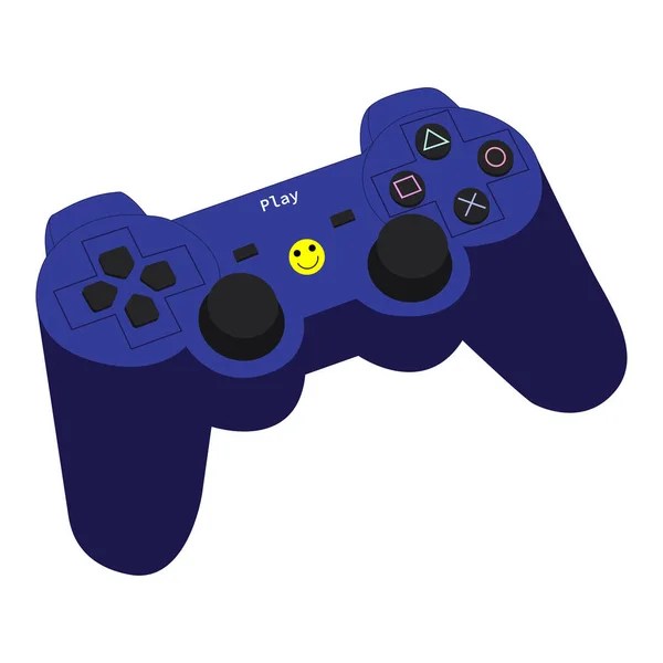 Beyaz arkaplanda video oyunu denetleyici. Isometric blue joystick ikonu, emojili çizgi film oyun alanı. Modern aygıtın vektör illüstrasyonu.