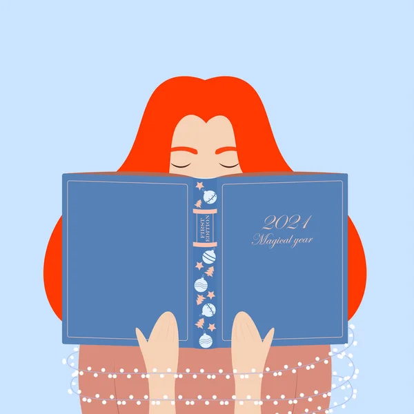 Yeni yıl illüstrasyonunda kitap okuyan bir kız. Parlak bir çelenge sarılmış kız. 2021 yıllık konsept. Mutlu yıllar. Baskı, internet ve tebrik için şirin bir kartpostal. Kış mevsimsel illüstrasyon