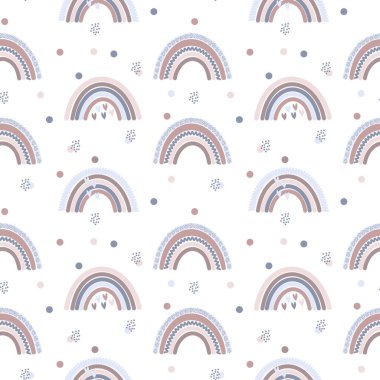 Gökkuşağı ve kar taneleriyle kusursuz bir şablon. İskandinav tarzında sevimli vektör deseni.