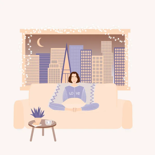 舒适时间 穿着睡衣的女人在有摩天大楼的客厅休息 女人的生活 一个人在家里 — 图库矢量图片