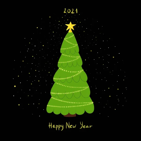 Szczęśliwego Nowego Roku Pocztówka Choinką Ręcznie Rysowane 2021 Ilustracja Blaskiem — Zdjęcie stockowe