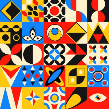 Geometrik desen, kusursuz arkaplan. Neo geometri sanatı, yenilikçi. Vektör çizimi. Bauhaus geometrik örtüsü