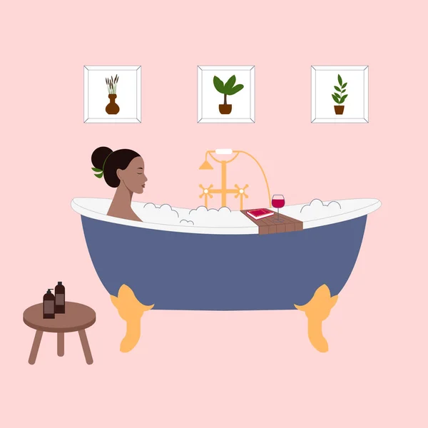 Young Black Woman Bath Relaxing Book Glass Wine Everyday Routine — Stock Vector