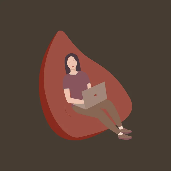 Menina Sentada Com Laptop Mulher Trabalha Casa Cadeira Confortável Freelance — Vetor de Stock