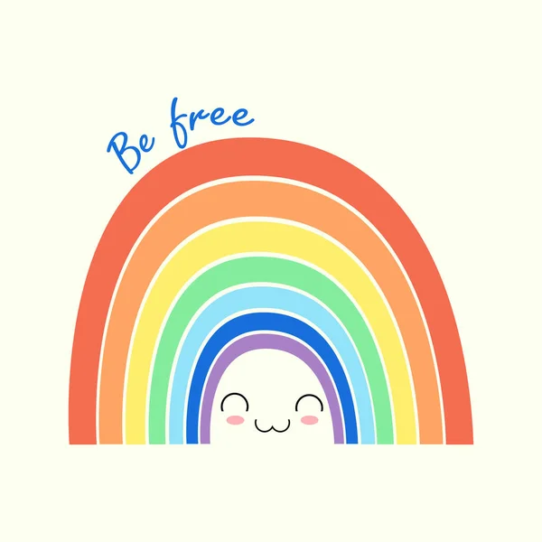 Arco iris feliz con cara de kawaii, emoji con linda sonrisa y mejillas rosadas. — Archivo Imágenes Vectoriales