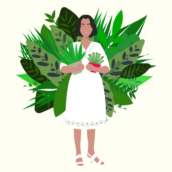 Girl in the white dress with plants in hands. Cute summer card with lots of green tropical leaves. — Stock Vector