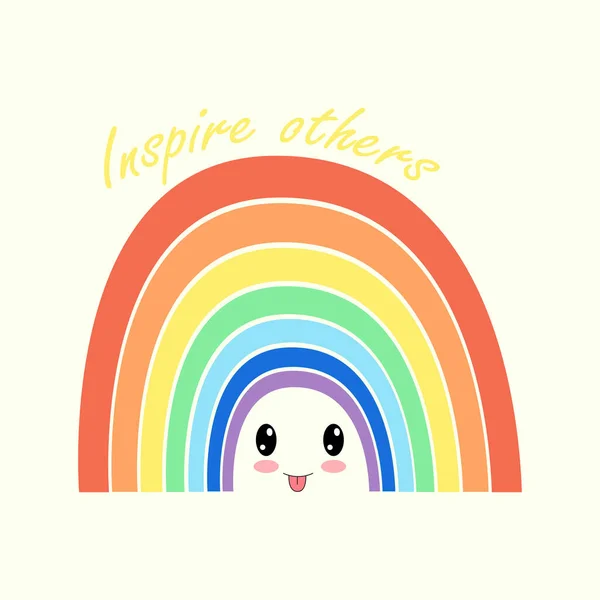 Arco iris con palabras inspiran a otros y kawaii cara. Concepto de pensamiento positivo. — Archivo Imágenes Vectoriales