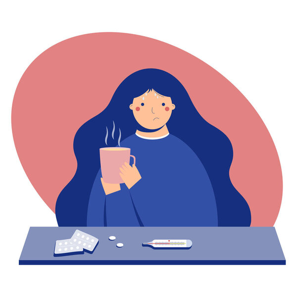 Woman with fever. Sick girl is drinking hot beverage. Modern flat style. Vector illustration for social media and web pages.