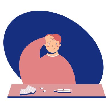 Ateşli adamlar. Ev tedavisi kavramı. Düz stil hasta çocuk. Klinik, sosyal medya, web portalı için vektör illüstrasyonu.