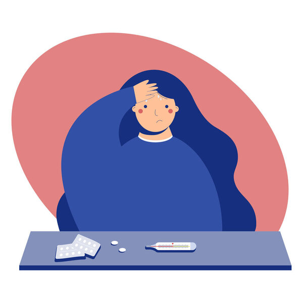 Sick woman. Girl with medications and thermometer. Vector isolated illustration. Cartoon character in flat style. Girl with fever.