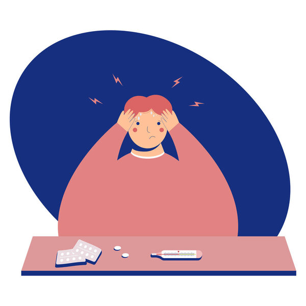 Man with headache. Sick male isolated on the white background. Cartoon illustration in flat style. Person with migraine. Guy holding his head with sad impression on the face.