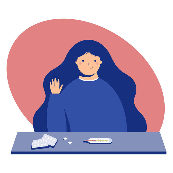 Woman after disease. Female after flu. Vector illustration of happy woman isolated on the white background. Woman with pills and thermometer.