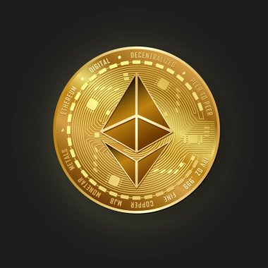 Ethereum vektör çizimi. Altın gerçekçi para. Siyah arka planda kripto para birimi Eter. Dijital para birimi. ETH dijital para.