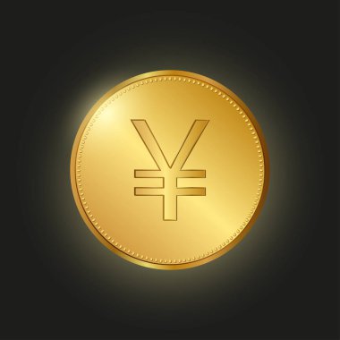 Siyah arka planda altın sikke ve parıltı. Vektör illüstrasyonu Jena ve Yuan. JPY ve NY para birimi. 