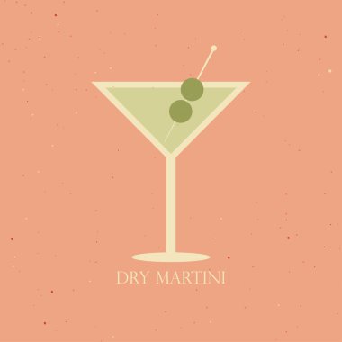 Pembe arka planda sek martini kokteyli. Alkol kokteylinin vektör çizimi. Yeşil zeytinli martini bardağında klasik içecek.