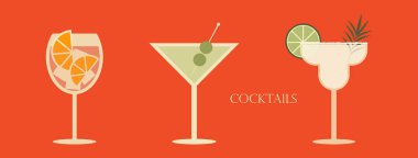 Kokteyl seti. Şarap, margarita ve martini bardağında üç kokteyl. Yaz kokteyllerinin vektör çizimi.