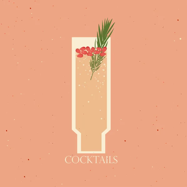 Cocktail Hoog Glas Met Granaat Sparren Tak Vector Illustratie Van — Stockvector