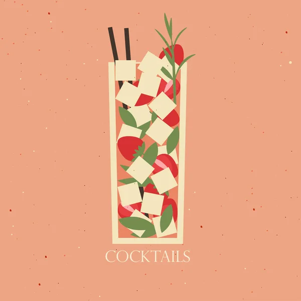 Çilekli, naneli ve buzlu kokteyl. Büyük bardakta pipetli yaz içkisi. Yumuşak içeceğin vektör çizimi. Modern bar menü kapağı, broşür tasarımı.