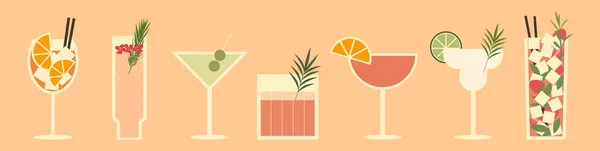 Set Cocktail Illustrazione Bevande Classiche Diversi Tipi Bicchieri Illustrazione Vettoriale — Vettoriale Stock