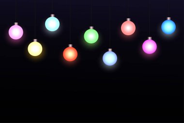 Renkli ampuller. Parlayan ampullerle donatılmış bir arka plan. Vektör resimleme şablonu